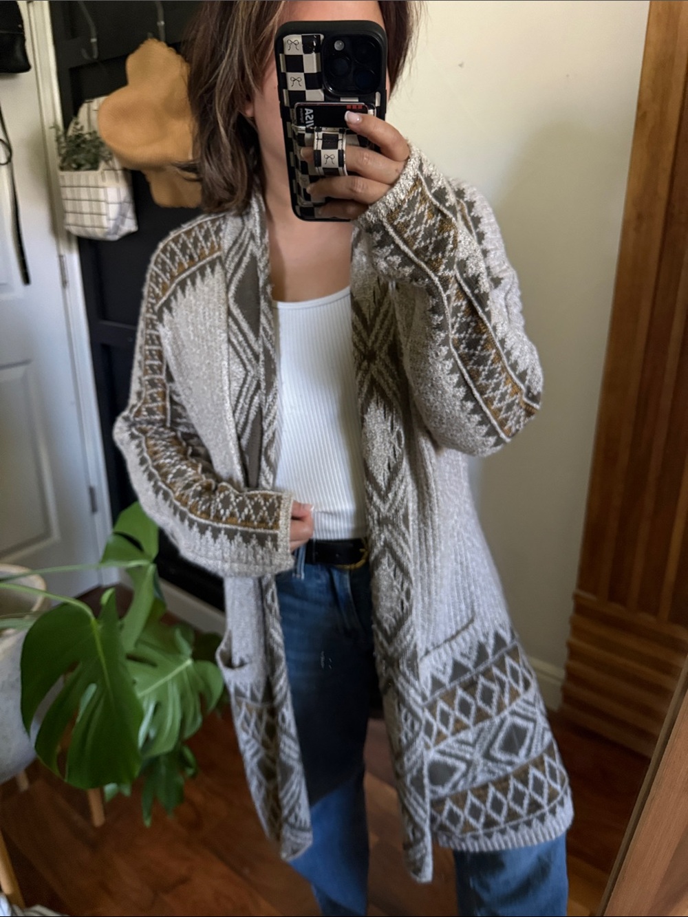 LUCKY Brand Southwestern Style Open Front Cardigan Sweater. L/XL Taupe Beige